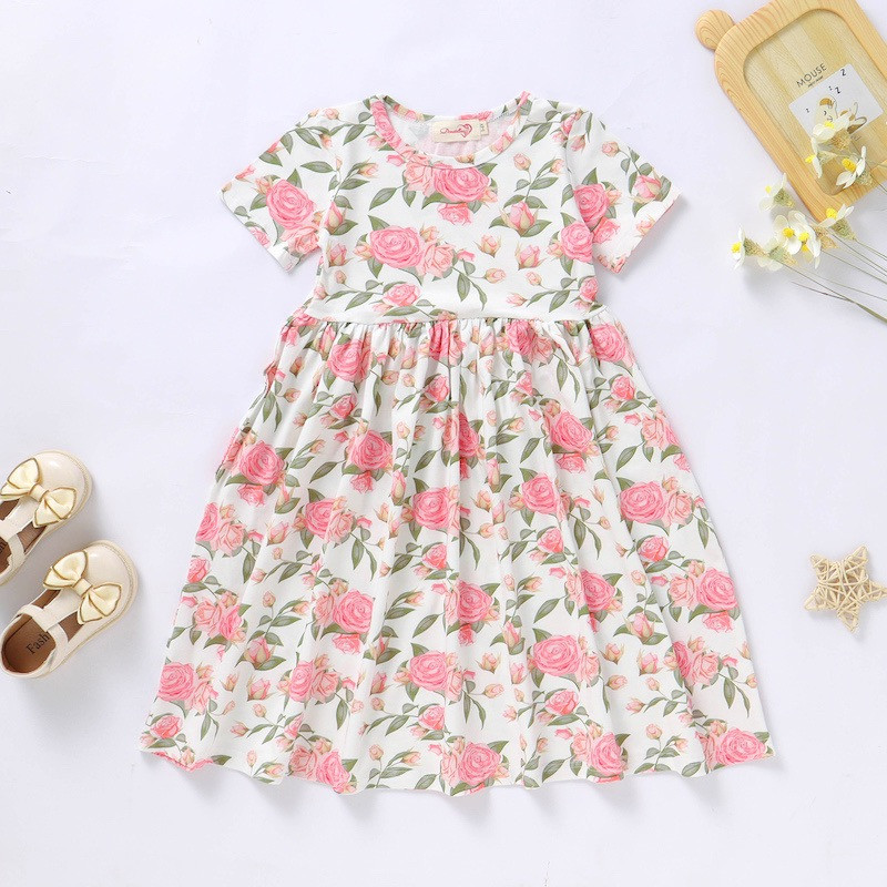 Rose Design Organic Cotton Girls Twirl Dress 2Y-10Y short sleeve 